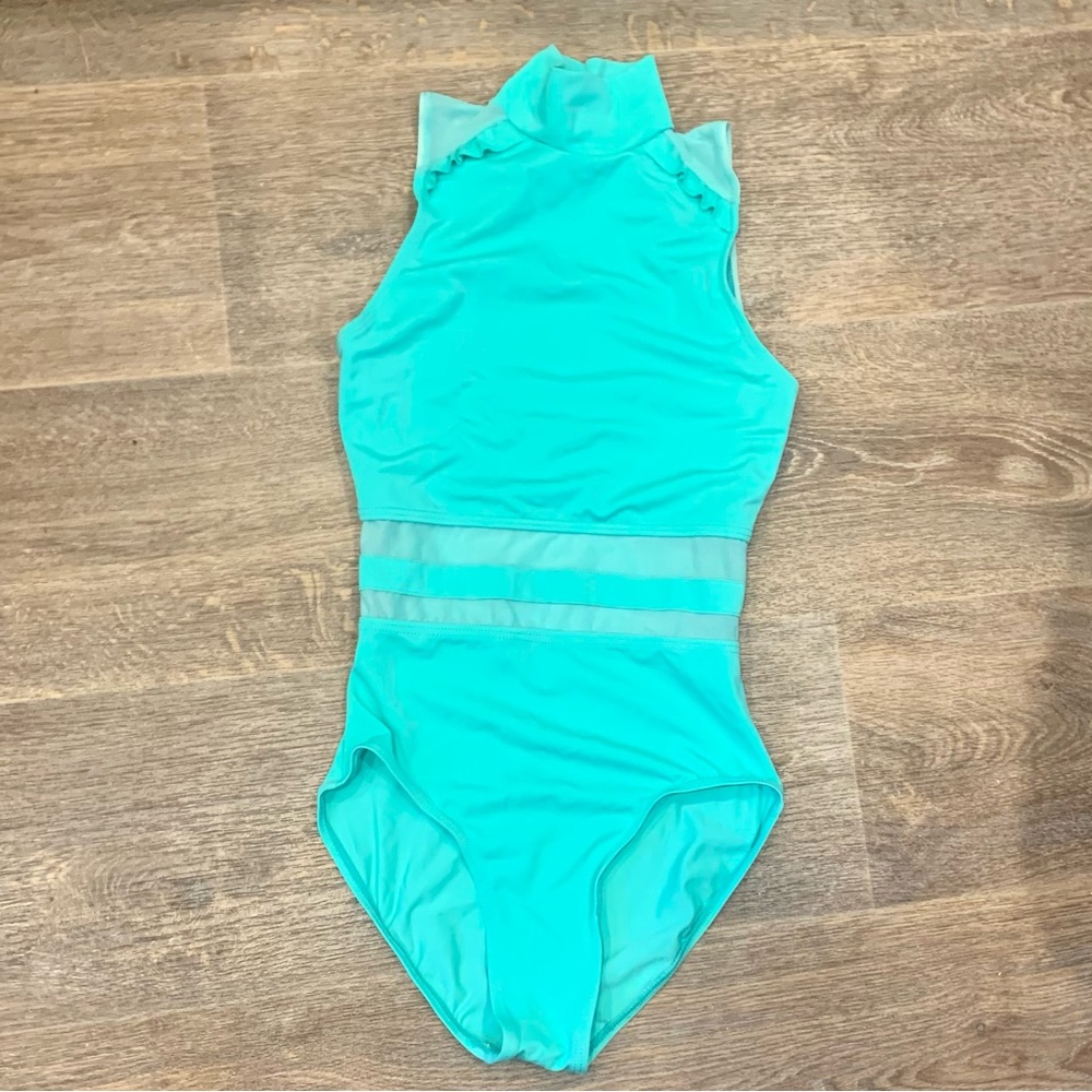 🩰 Balera Mock Neck Ruffle Detail Mesh Insert Leotard For Dance X Small Aqua 🩰